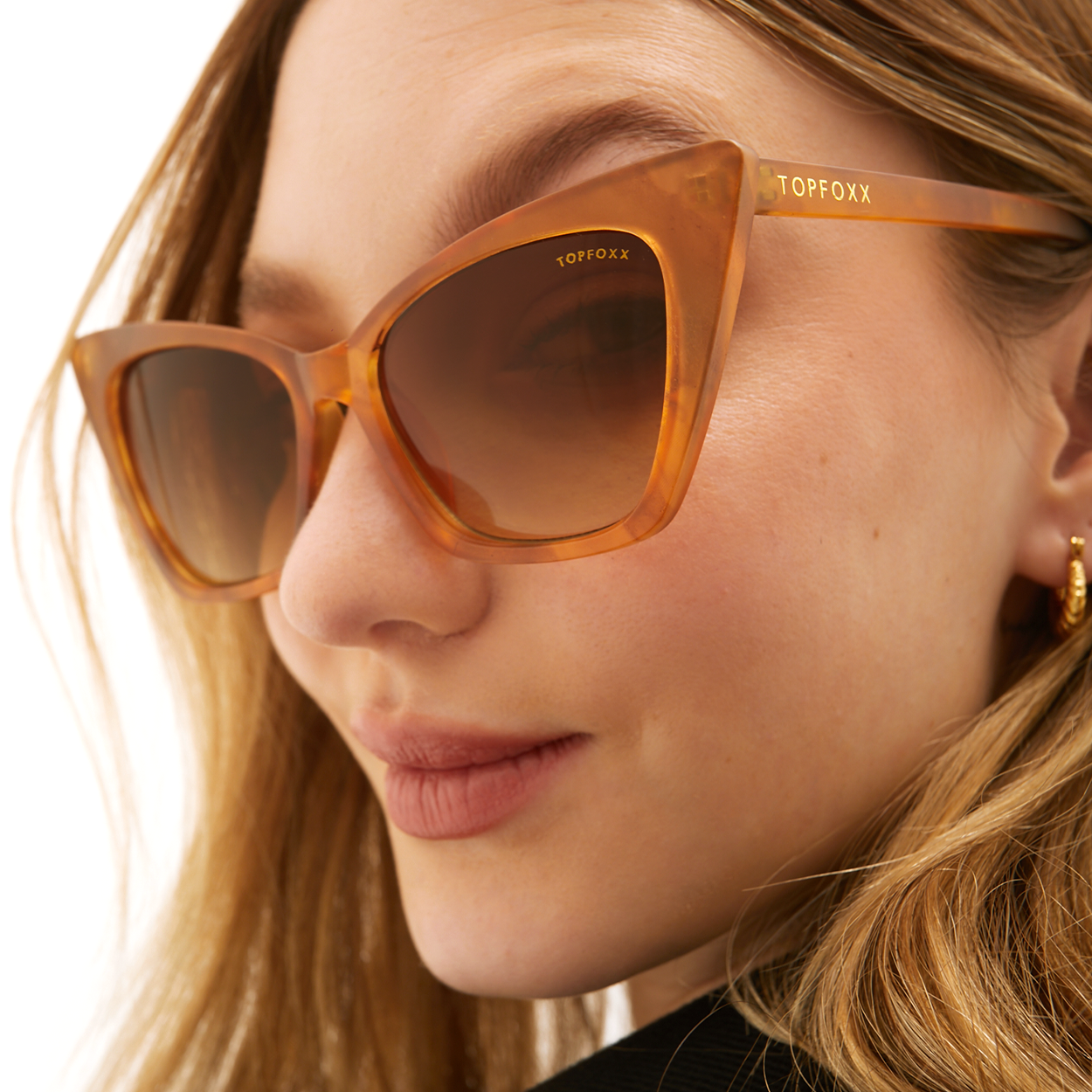 Sustainable Sunglasses for Women - Oversized Cat Eye Shades - Nature - Amber Fossils - Model 1 - TopFoxx