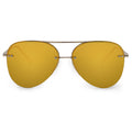 White background front image of classic aviators with no nosepad and mirrored gold lenses with metal detailing