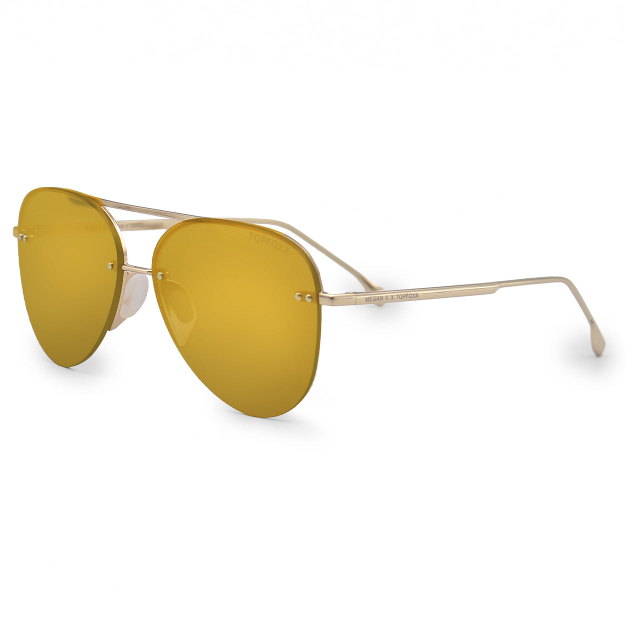 White background side image of classic aviators with no nosepad and mirrored gold lenses with metal detailing