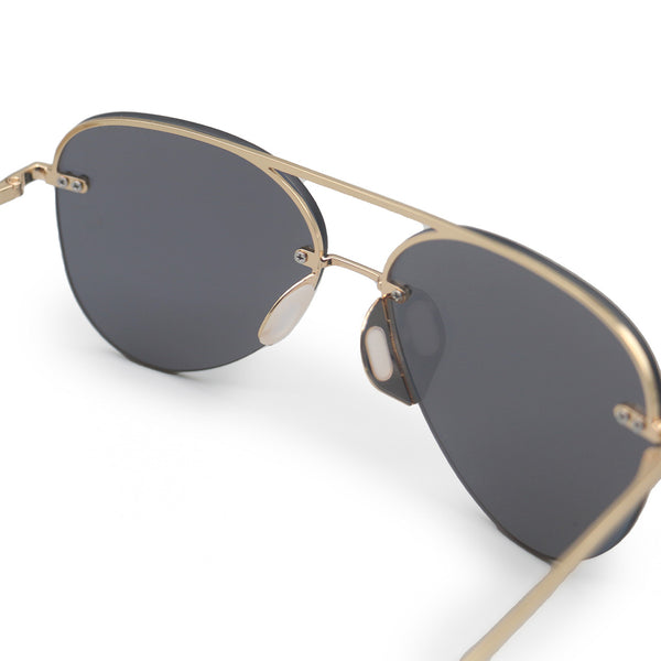White background close up image of classic aviators with no nosepad mirrored gold lenses with metal detailing