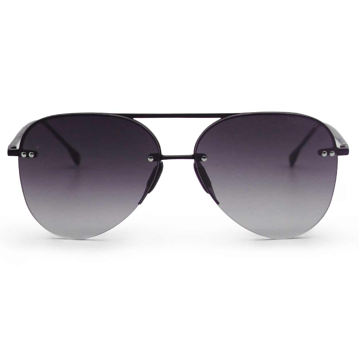 white background picture of classic Aviators with faded black lenses and metal detailing view from front