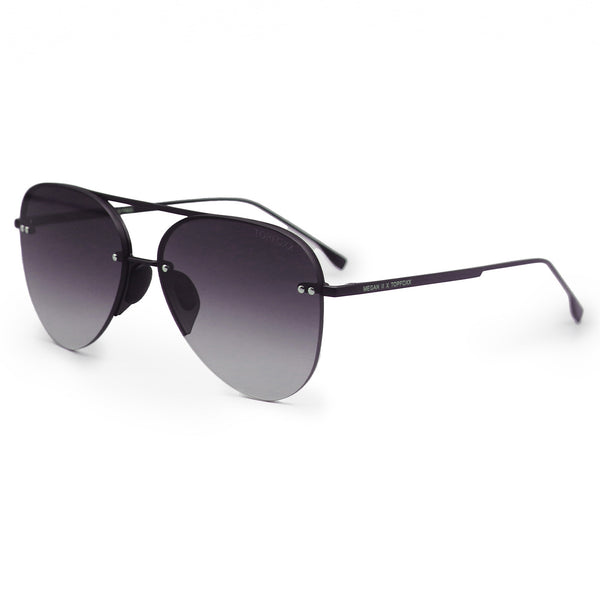 white background picture of classic Aviators with faded black lenses and metal detailing view from 3/4