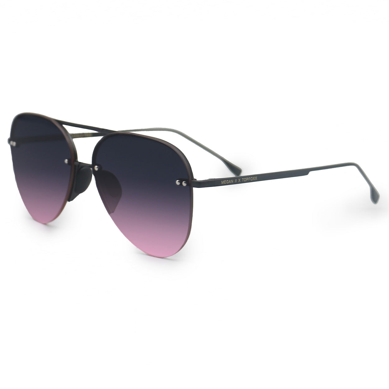 White background side image of classic aviators with no nosepad and faded purple pink lenses with metal detailing