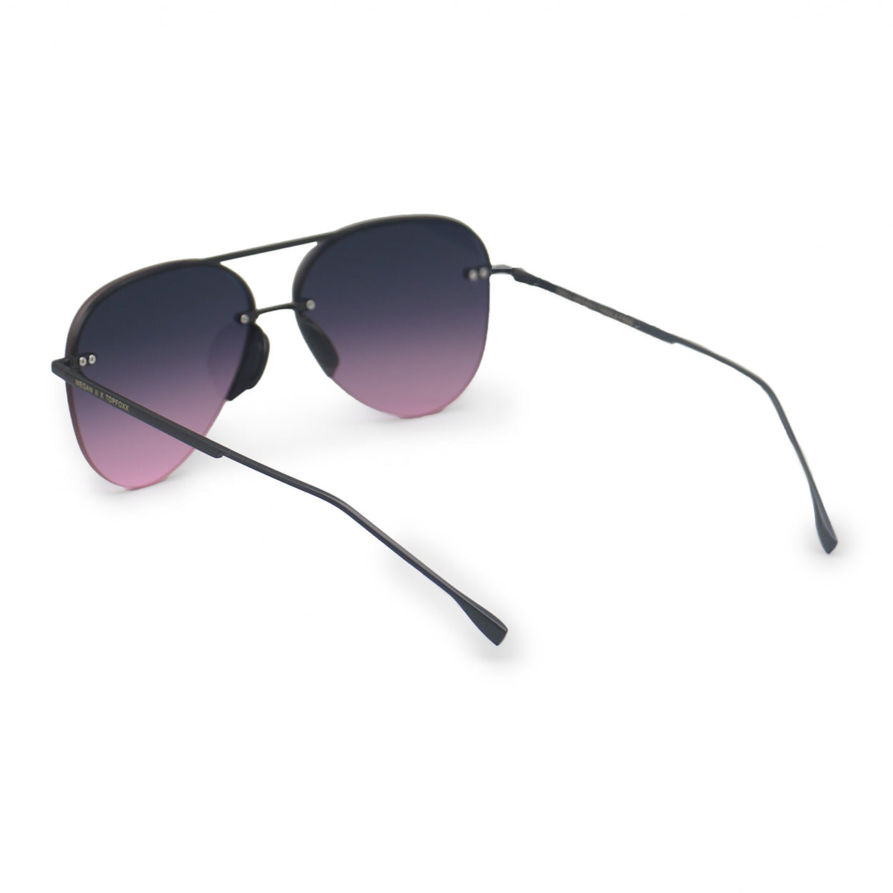 White background back image of classic aviators with no nosepad and faded purple pink lenses with metal detailing