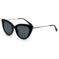 Side view of white background picture of oversize black glossy cateye sunglasses with metal detailing