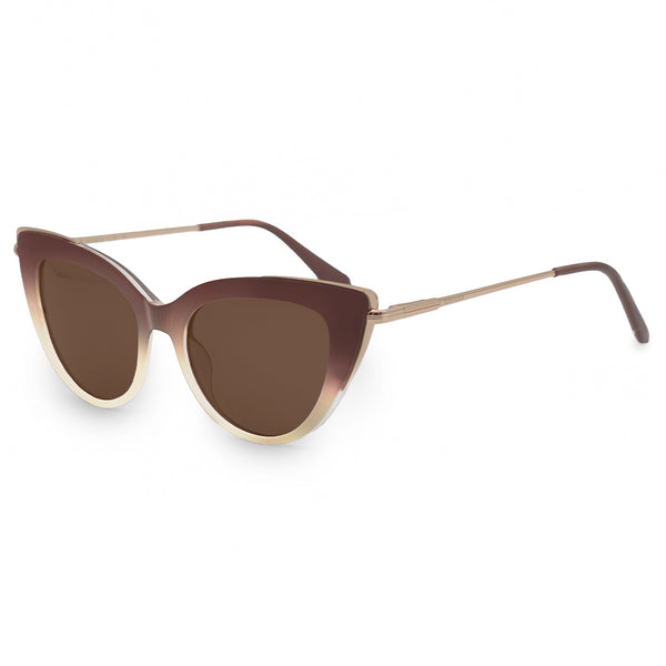 Side view of white background picture of oversize faded brown glossy cateye sunglasses with metal detailing