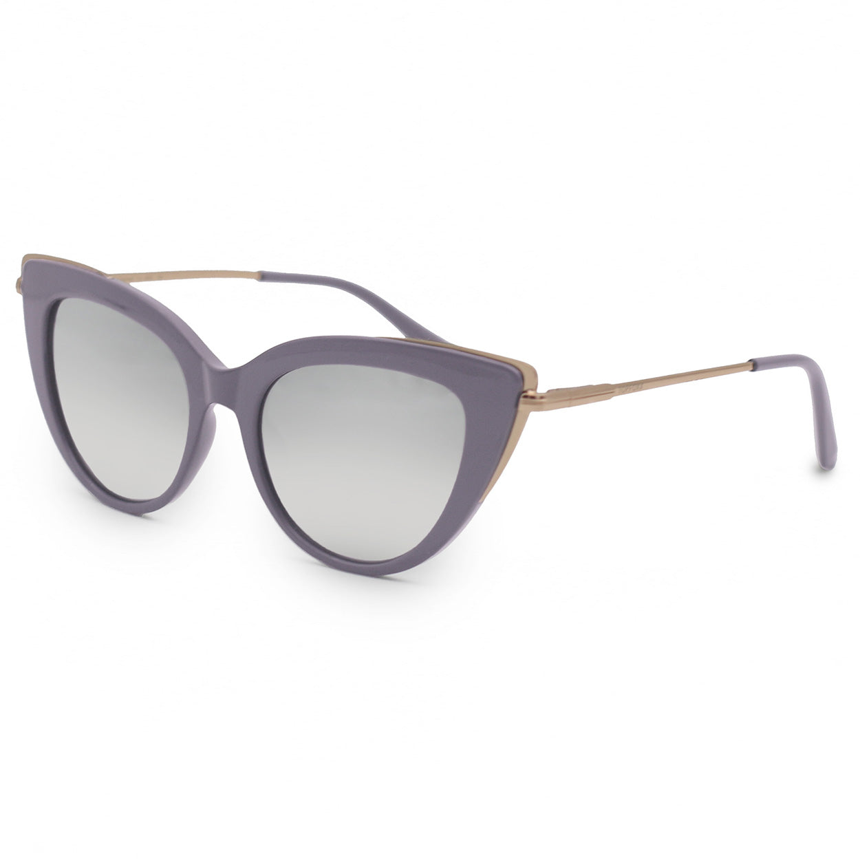 Side view of white background picture of oversize lavander glossy cateye sunglasses with metal detailing