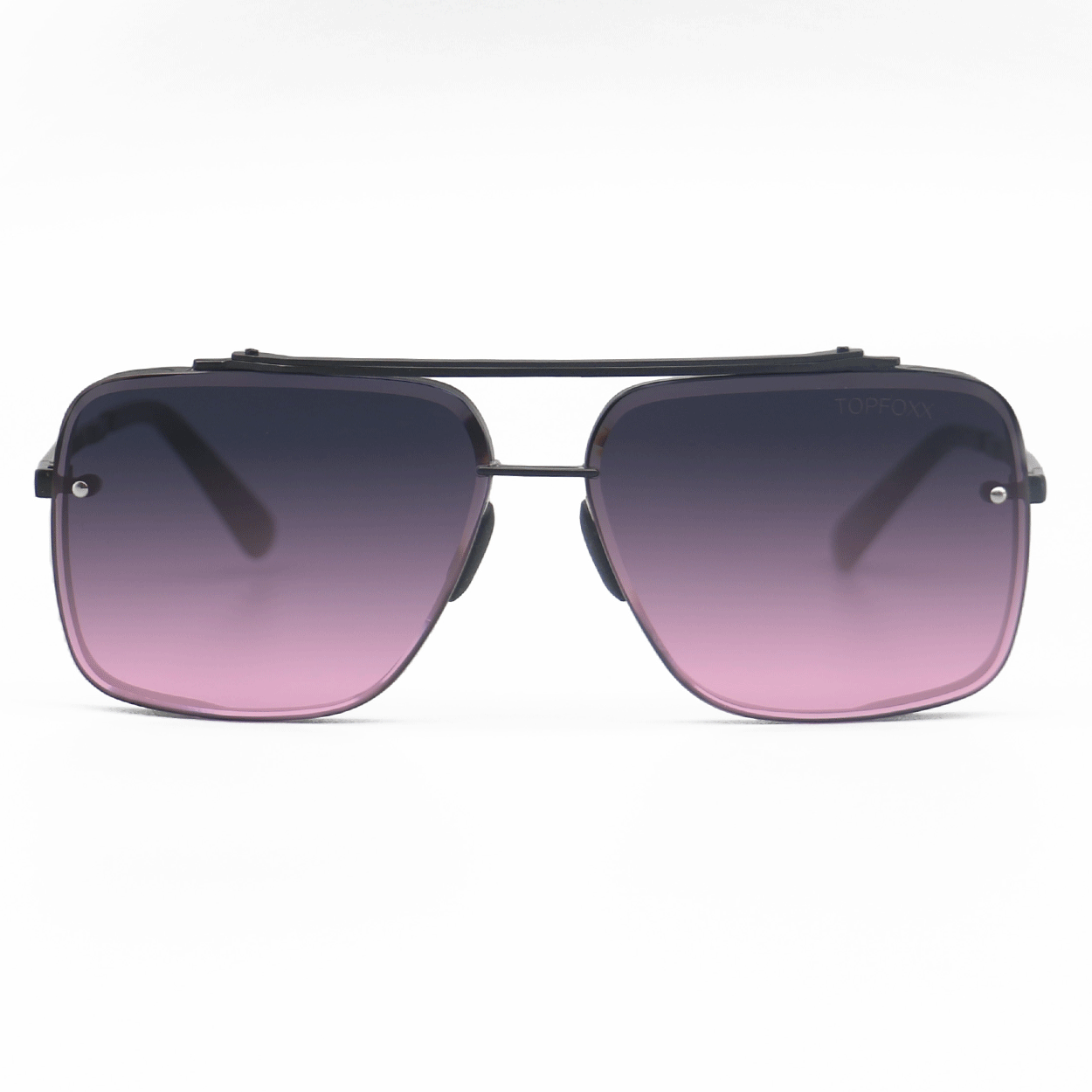 GIF of faded purple to pink square aviators, with no nose pads, front and back view. 