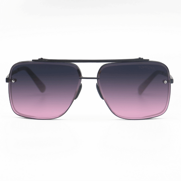 GIF of faded purple to pink square aviators, with no nose pads, front and back view. 