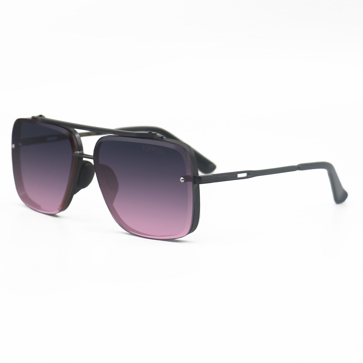 Bella Sunglasses are square aviators with faded purple to pink lenses and black metal details. Including tangle free technology.