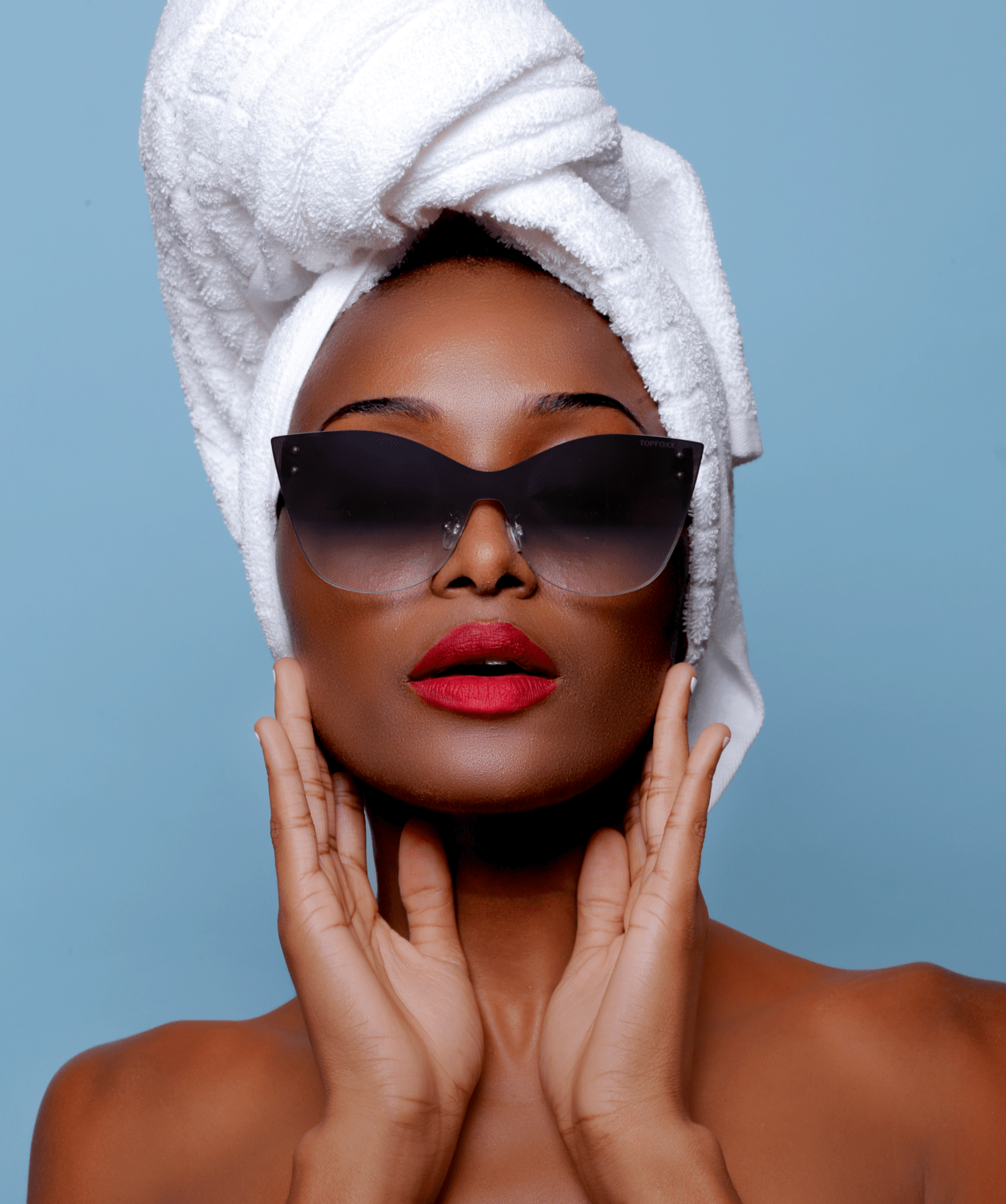 Futuristic Cat eye rimless Black gradient women's designer sunglasses Quay model photo front white bath towel on head black model