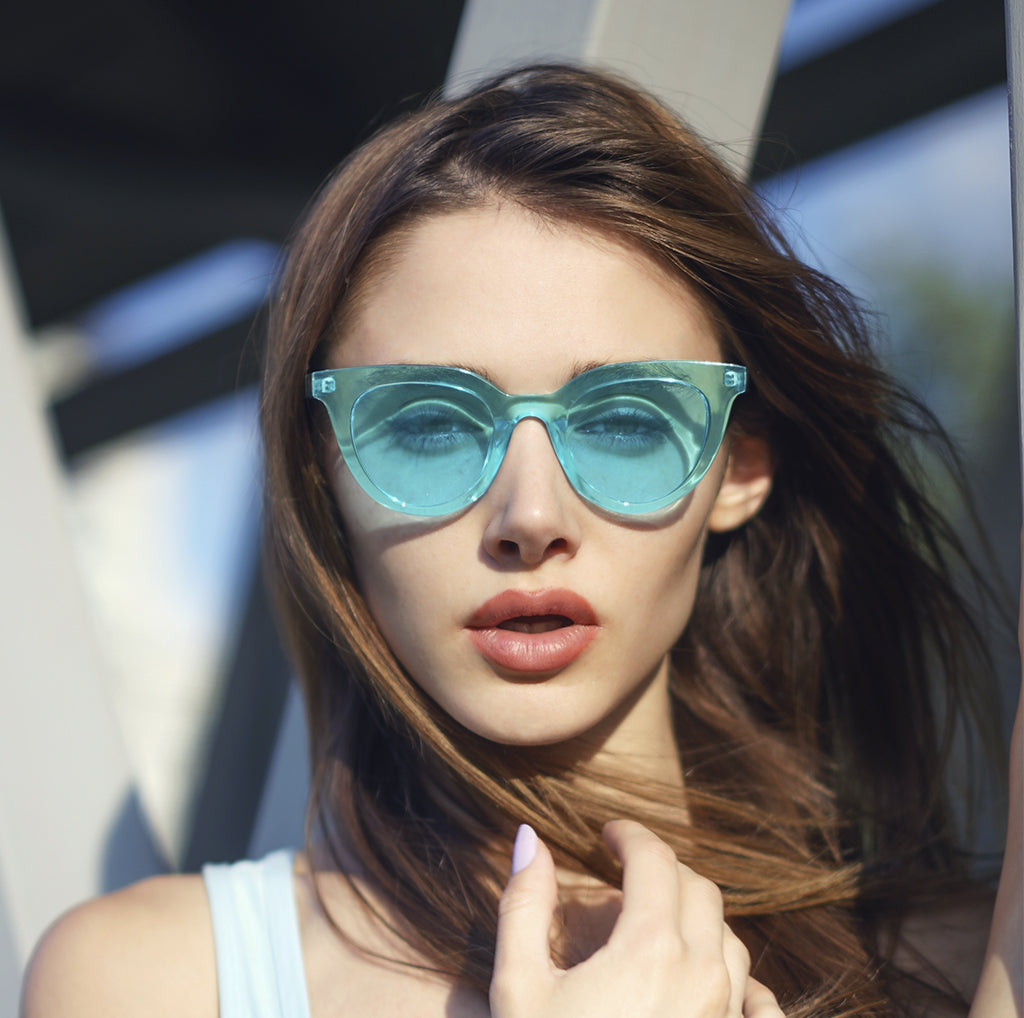 TopFoxx Brittany Coral Blue Women's Round Sunglasses - Model