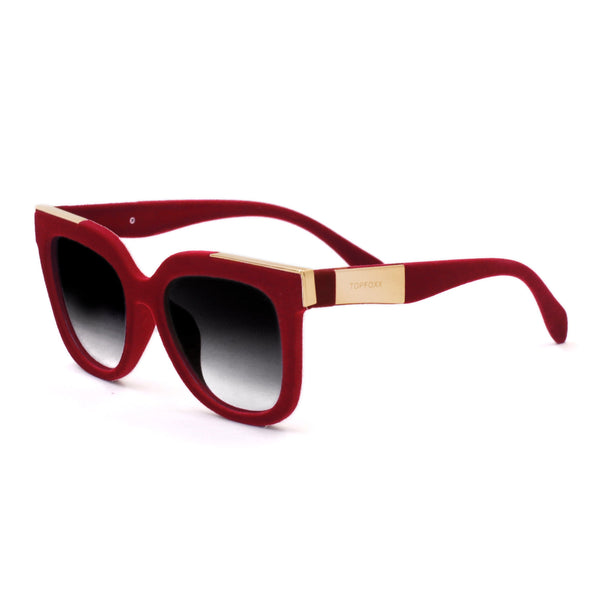 TopFoxx - Coco - Red Velvet Square Oversized Sunglasses for Women - faded sunglasses lenses - Side Profile