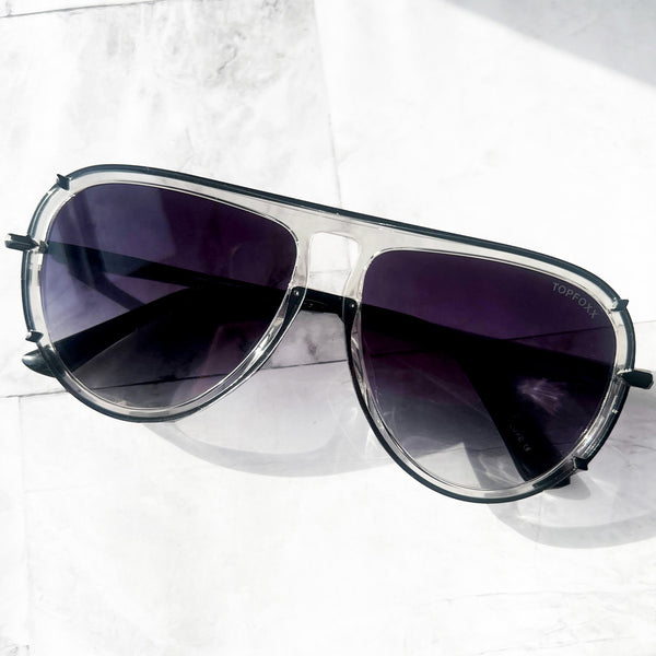 Clear frame Tangle free black round aviators sunglasses