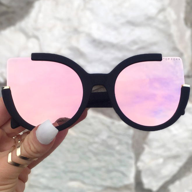 TopFoxx - Chloe - Black Rose Gold Cat Eye Sunglasses - Mirrored Rose Gold Cat Eye Sunnies - Cute Shades 