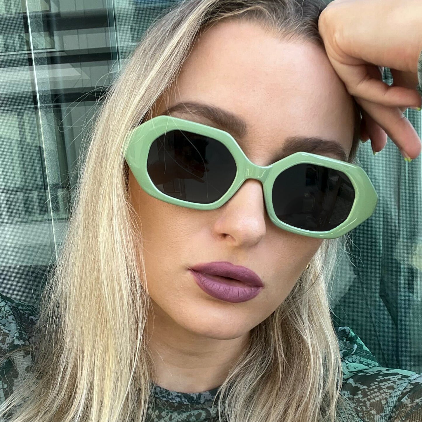 Hexagonal Green Womens Sunglasses | TopFoxx | Model 3